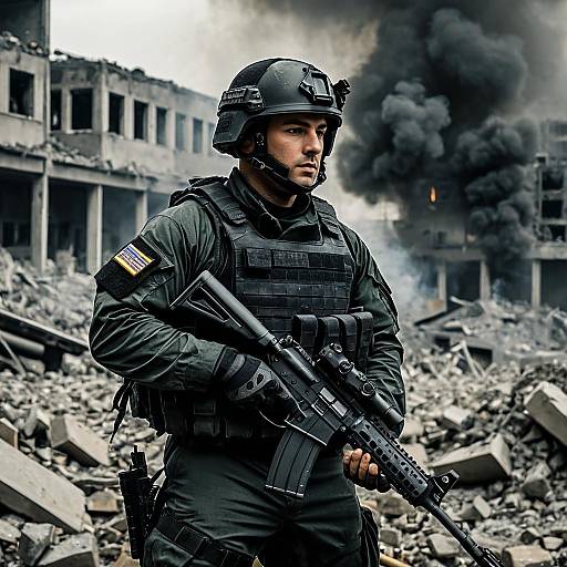 Soldier in Tactical Gear in Urban War Zone