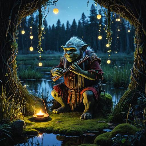 Troll Bard Playing Pan Flute in Twilight Marsh Troll Bard Playing Pan Flute in Twilight Marsh