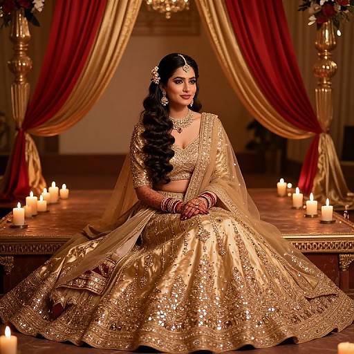 Photograph of a beautiful South Asian bride in a gold sequined lehenga, red bangles, and intricate jewelry, seated amidst glowing candles and red