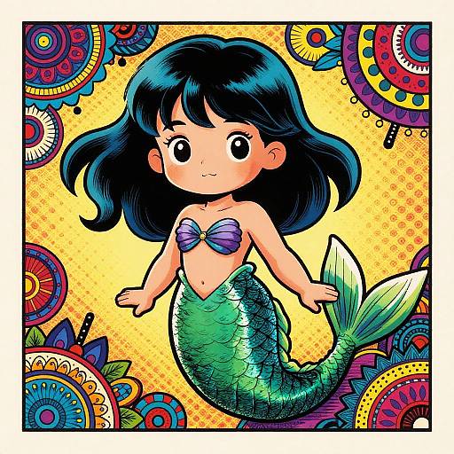 Cute anime-style mermaid with blue hair, purple seashell top, green scaly tail, set against vibrant, colorful mandala-patterned