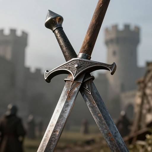 Photograph of two medieval swords with ornate hilts crossed in front of a blurred castle background, sunlight highlighting the blades.