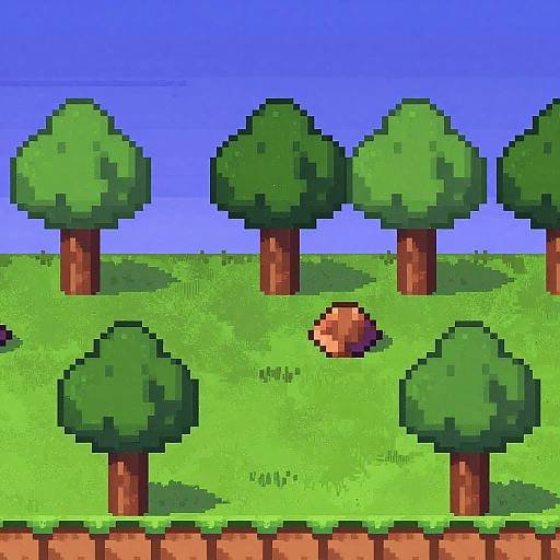 Pixel art of a green grassy field with five pixelated trees and a small orange rock under a bright blue sky.