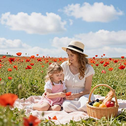 Photograph of a smiling woman in a white dress and straw hat, sitting with a young girl in a pink dress, picking red poppies in a