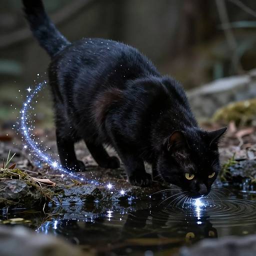 Photograph of a black cat with glowing yellow eyes drinking from a reflective puddle, surrounded by magical blue sparks in a dark, forested background.