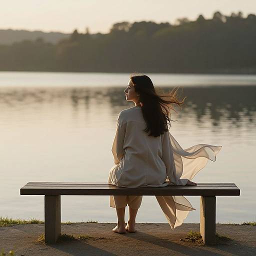 Photograph of a woman with long dark hair, wearing a flowing white dress, sitting on a wooden bench by a serene lake at sunset, with trees