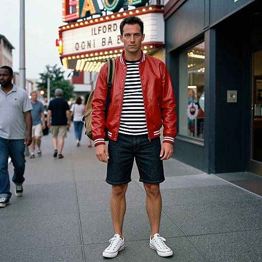 Photograph of a man in a red leather jacket, black-and-white striped shirt, black shorts, and white sneakers, standing on a city sidewalk in