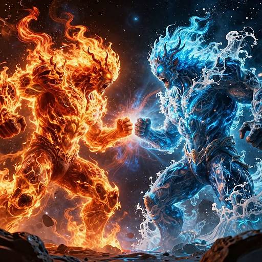 Digital artwork of two fiery giants, one in blazing orange flames and the other in glowing blue fire, clashing fists in a starry night sky.