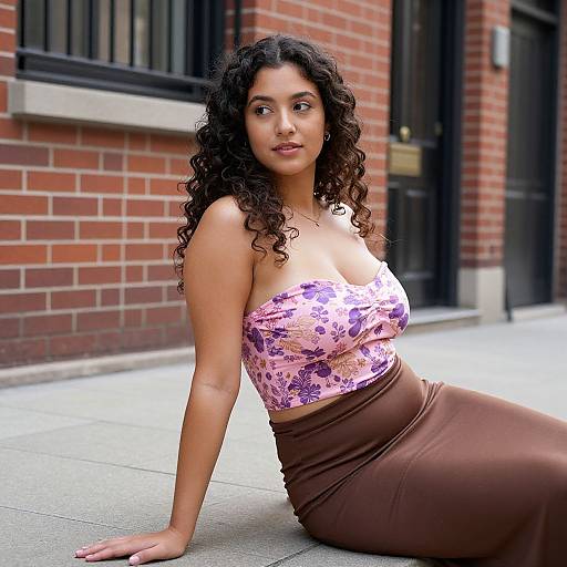 Photograph of a curly-haired, light-brown-skinned woman with medium breasts, wearing a floral strapless top and brown skirt, sitting on a