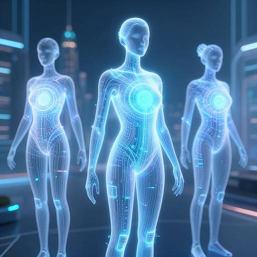 Digital CGI of three glowing, blue, wireframe female figures standing in a futuristic cityscape with neon lights and skyscrapers.