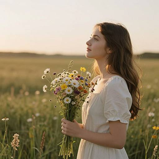 Photograph of a young woman with long brown hair, wearing a white, short-sleeved dress, holding a bouquet of wildflowers, standing in