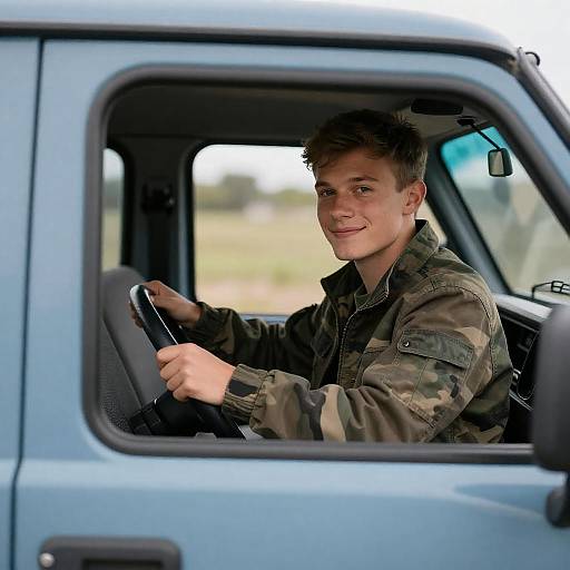Smiling Young Man in Blue Truck