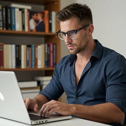Photograph of a focused, handsome man with short brown hair, glasses, and blue button-up shirt, typing on a laptop in a book-filled study