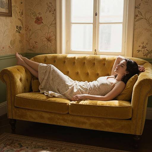 Photograph of a relaxed woman with dark hair, wearing a white dress, lying on a yellow velvet sofa in a sunlit, floral-patterned room