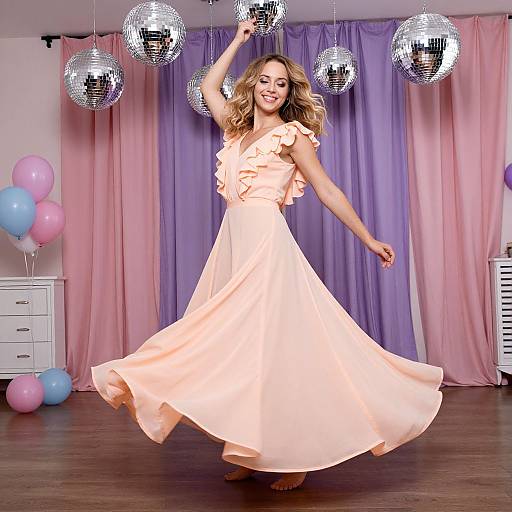 Photograph of a smiling woman with wavy blonde hair, wearing a peach, ruffle-embellished dress, dancing in front of pink and