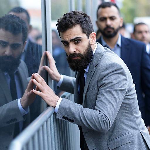 Bearded Man in Grey Suit at Barricade