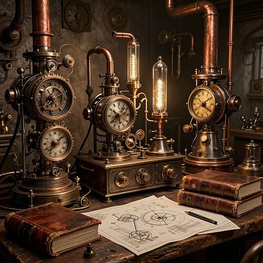Photograph of vintage brass clock mechanisms, glowing lamps, and antique books with detailed sketches on a wooden table, in a dimly lit, industrial-style