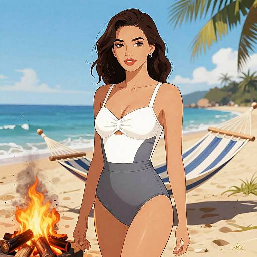 Vibrant Beach Bonfire Swimwear Illustration