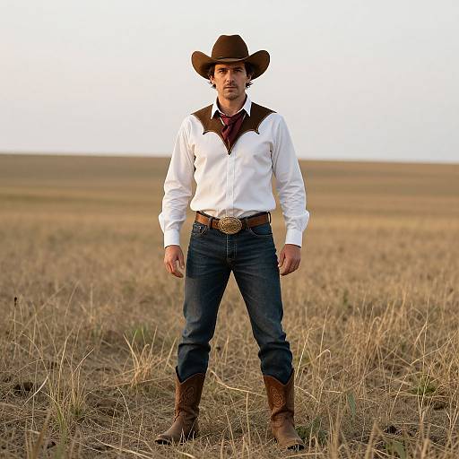 Photograph of a young Caucasian man in cowboy attire: white shirt, brown vest, blue jeans, brown boots, brown hat, standing in a dry