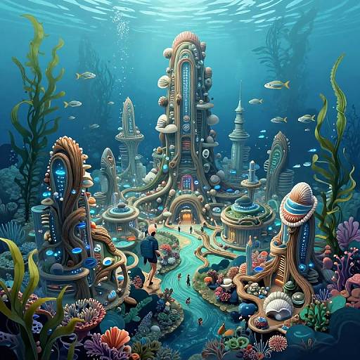 Digital illustration of a vibrant underwater city with futuristic, organic architecture, surrounded by colorful coral reefs, fish, and seaweed.