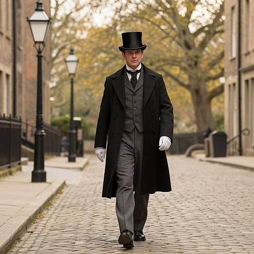 Photograph of a man in Victorian attire: black top hat, long coat, gray suit, white gloves, walking on a cobblestone street with