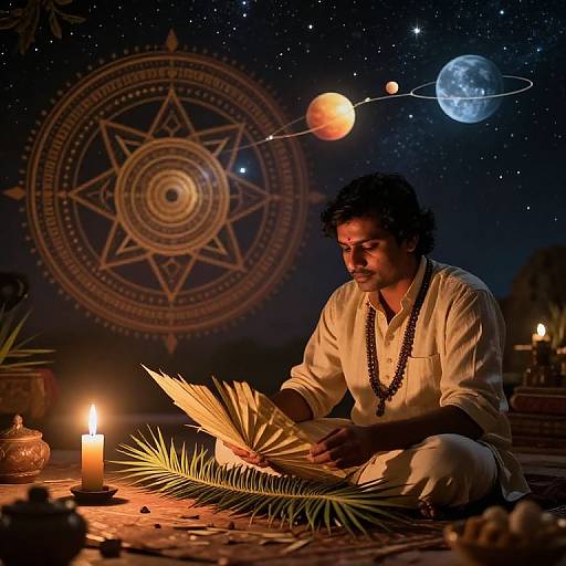 Photograph: Dark-haired man in white kurta, beaded necklace, reads illuminated book by candlelight, starry night sky, planetary alignment,