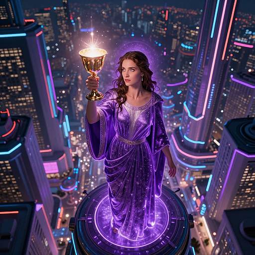 Mystical Woman with Heavenly Chalice in Futuristic City