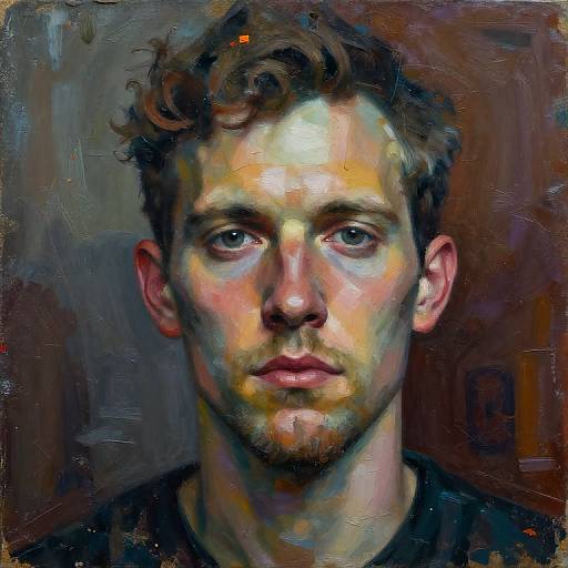 Digital painting of a young man with curly brown hair, pale skin, and blue eyes, set against a dark, textured background.