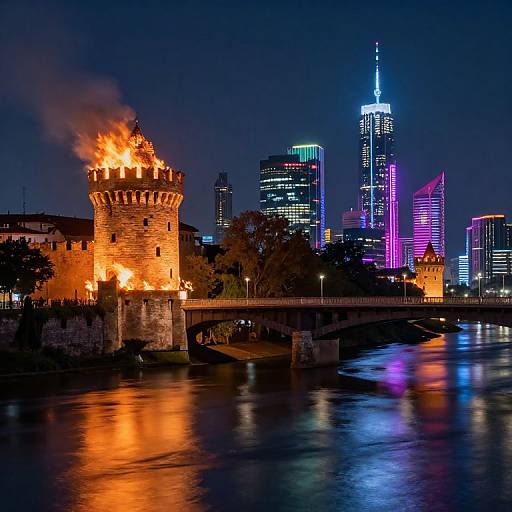 Photograph of a night cityscape featuring a glowing, fire-lit medieval tower on a river, with colorful, illuminated skyscrapers in the background