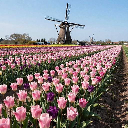 Vibrant Dutch Tulip Field with Windmill