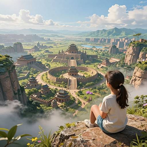 Digital art of a young woman with dark hair in a ponytail, sitting on a rocky ledge, overlooking a lush, misty ancient city with towering