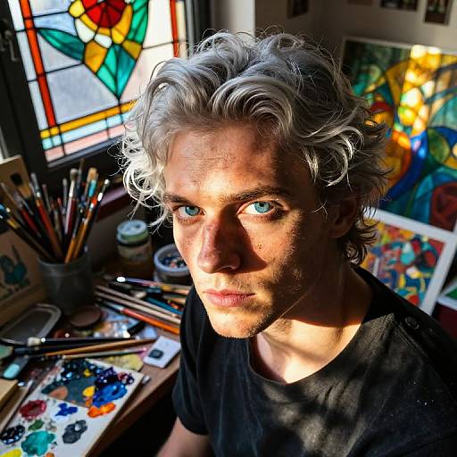 Photograph of a young man with silver, wavy hair and blue eyes, standing in a brightly lit, colorful artist's studio. Sunlight highlights