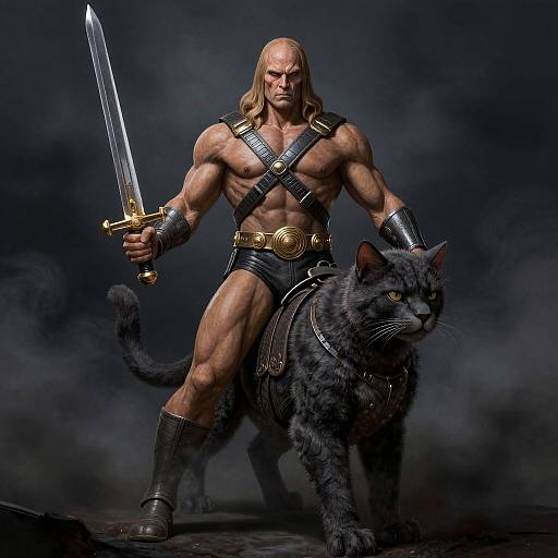 Muscular warrior with long blond hair, black leather armor, and sword stands confidently beside a fierce gray cat, dark smoky background. Photorealistic