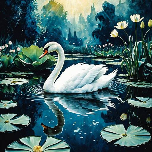 Graceful Swan on Lily Pond in Surreal Garden