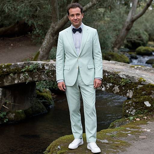 Photograph of a man in a light blue suit, black bow tie, and white shoes standing on a mossy stone bridge by a forest stream.