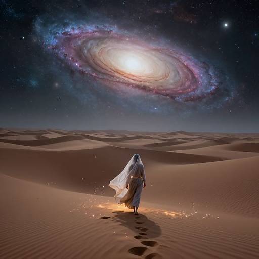 Digital artwork of a robed figure walking in a desert, with a glowing, spiral galaxy overhead, casting light on the sand.