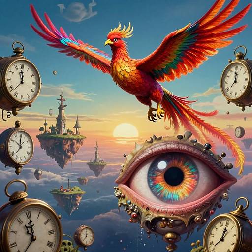 Digital painting: Vibrant phoenix with rainbow feathers flying above floating clock islands and a giant eye with a colorful iris, under a sunset sky with floating ships