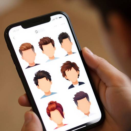 Photograph of a hand holding a smartphone displaying a white screen with six cartoon-style male face icons in various hair colors. Background is blurred brown.