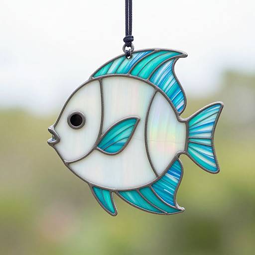 Stained glass fish pendant with white body and blue fins, hanging by black string, against blurred green and white background.