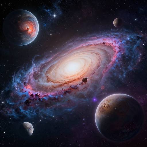 Digital art of a vibrant, glowing spiral galaxy with colorful nebulae, surrounded by four planets and stars in a dark, starry space.