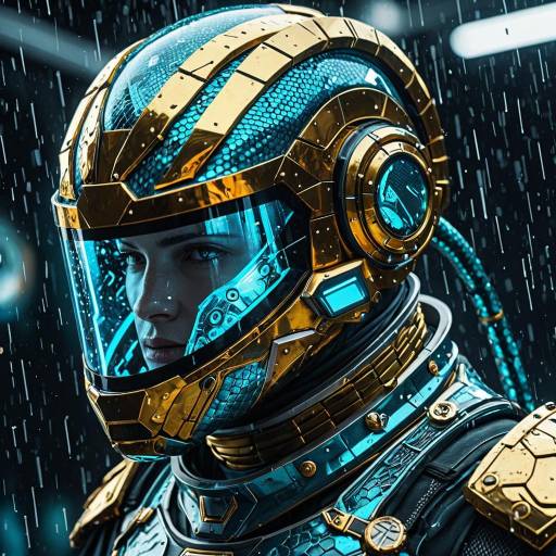 Futuristic Woman in Cyberpunk Gold Armor Helmet