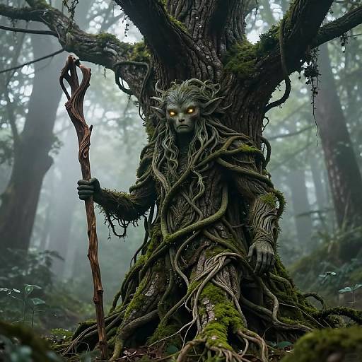 Digital fantasy artwork of a glowing-eyed, gray-skinned, tree-like creature with long, wild hair and vines, holding a twisted staff, standing in