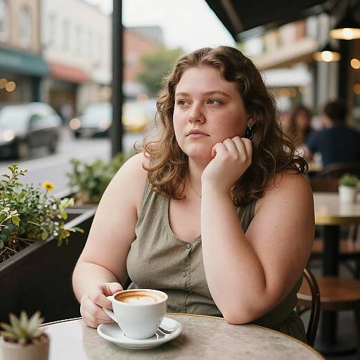 Photograph of a curvy, fair-skinned woman with wavy brown hair, wearing a sleeveless olive-green top, sitting at an outdoor café