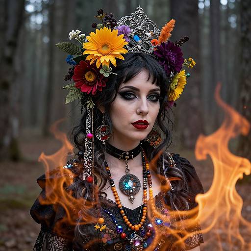 Flowerpunk Woman with Flaming Forest