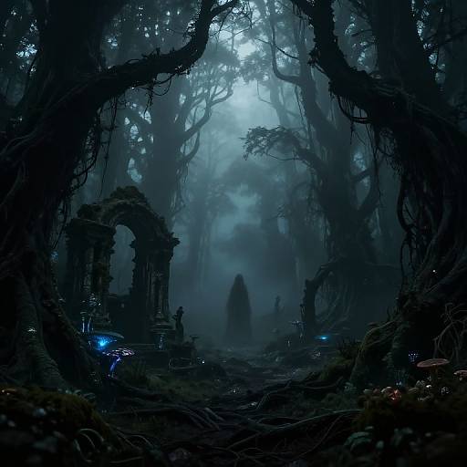 Mysterious, dark forest scene with twisted trees, glowing blue lights, ancient ruined arches, and a shadowy figure in the foggy distance.