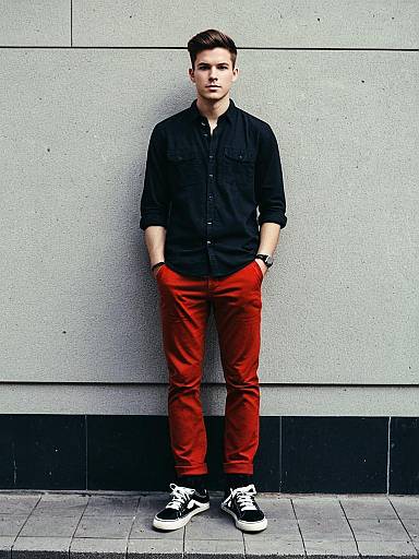 Young Man in Red Pants and Black Shirt Standing Outdoors