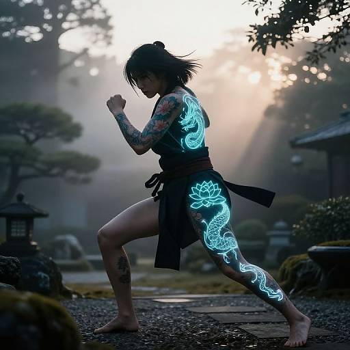 Silhouetted woman with glowing blue tattoos, wearing a black kimono, runs barefoot through a misty Japanese garden at sunrise. Digital art