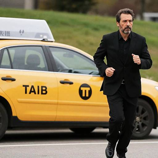 Determined Man Chasing a Yellow Taxi
