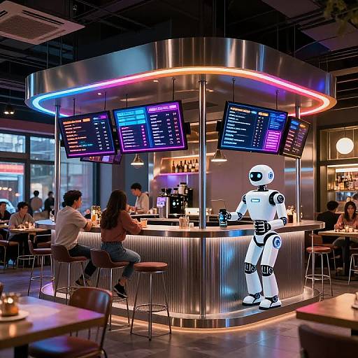 Photograph of a futuristic bar with neon lighting, a humanoid robot bartender, and customers seated at high stools, with digital menus overhead. Modern, sci
