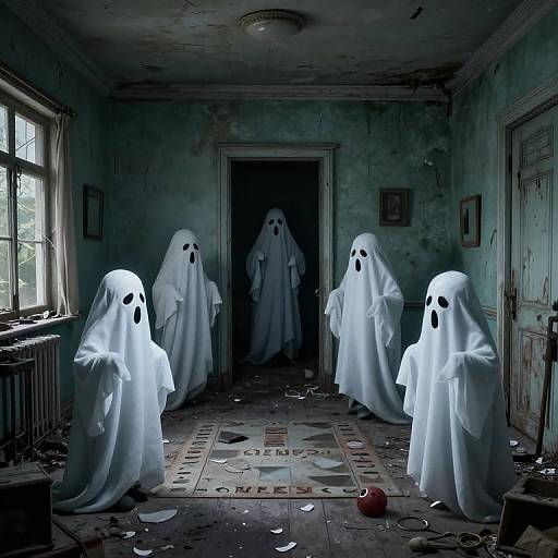 Photograph of five white ghost costumes with black eyes standing in a dilapidated, dimly-lit room with peeling paint, scattered debris,