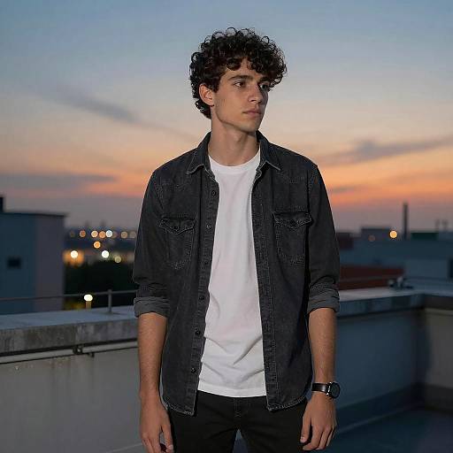 Photograph of a young man with curly dark hair, wearing a black denim jacket over a white tee, standing on a rooftop at dusk, with a